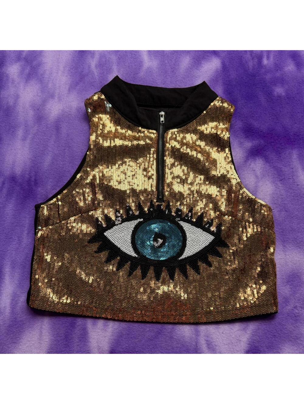 Evil eye gold sequin crop top with zip neck detail
